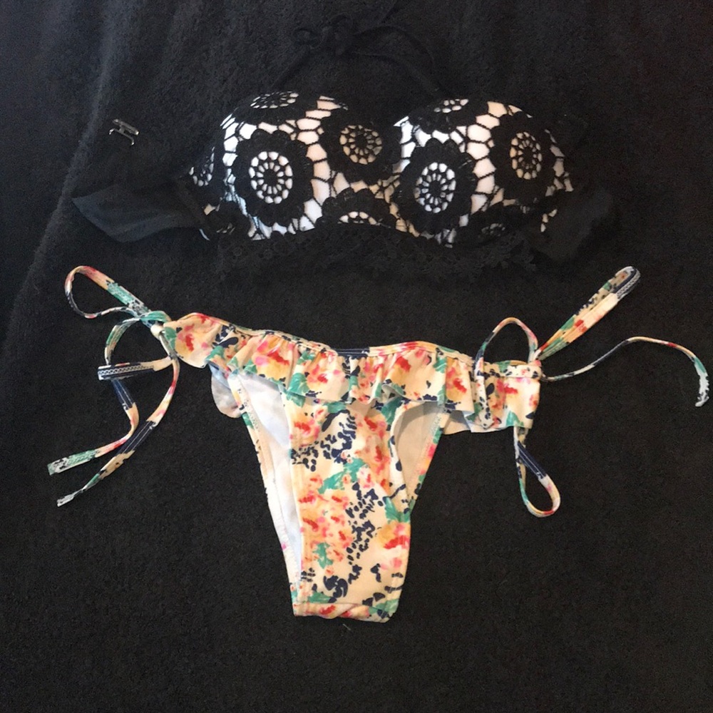 Black top with flower print bottoms
